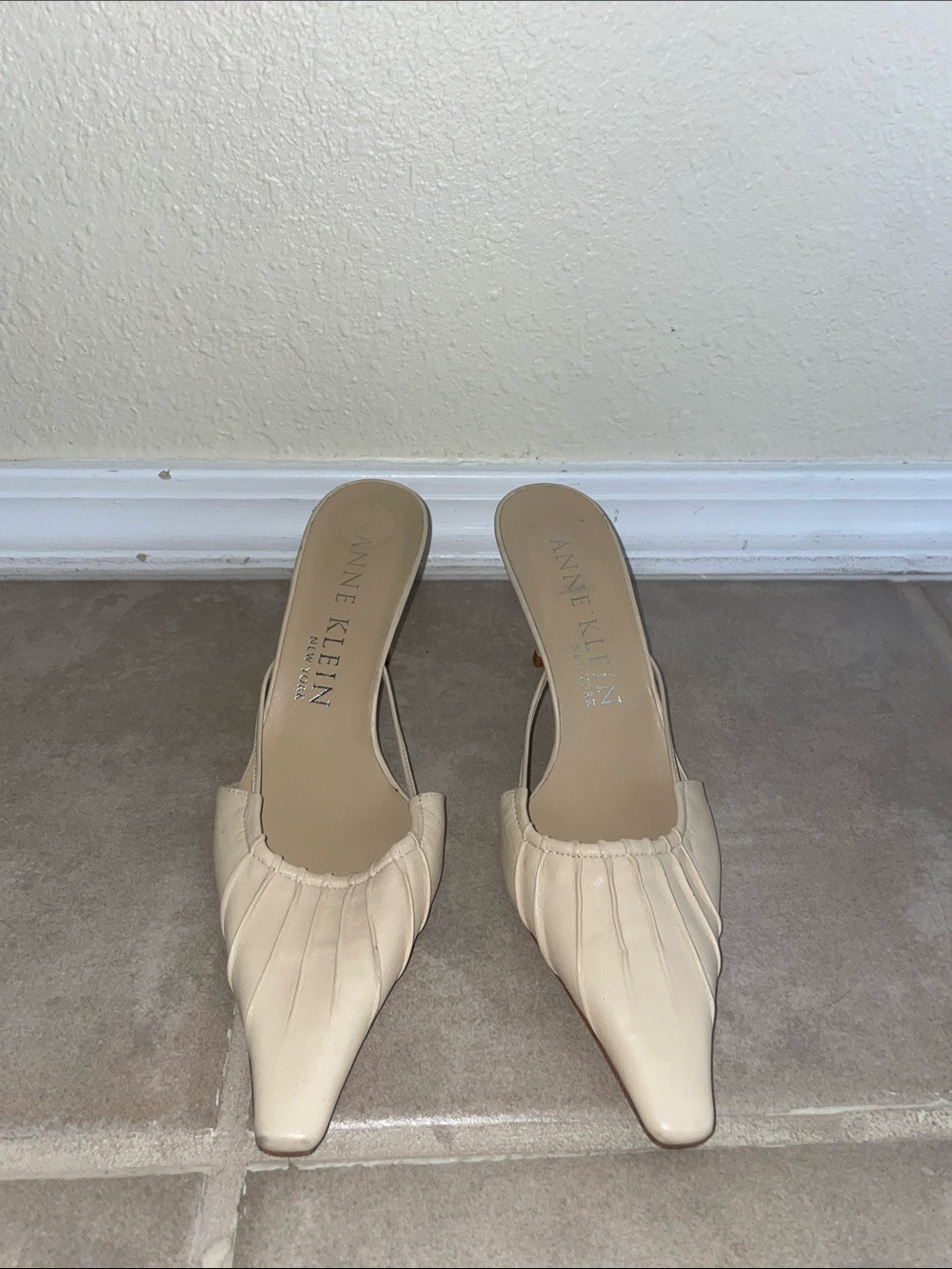 Anne Klein Cream Pointed Mule Heels with Pleated Vamp